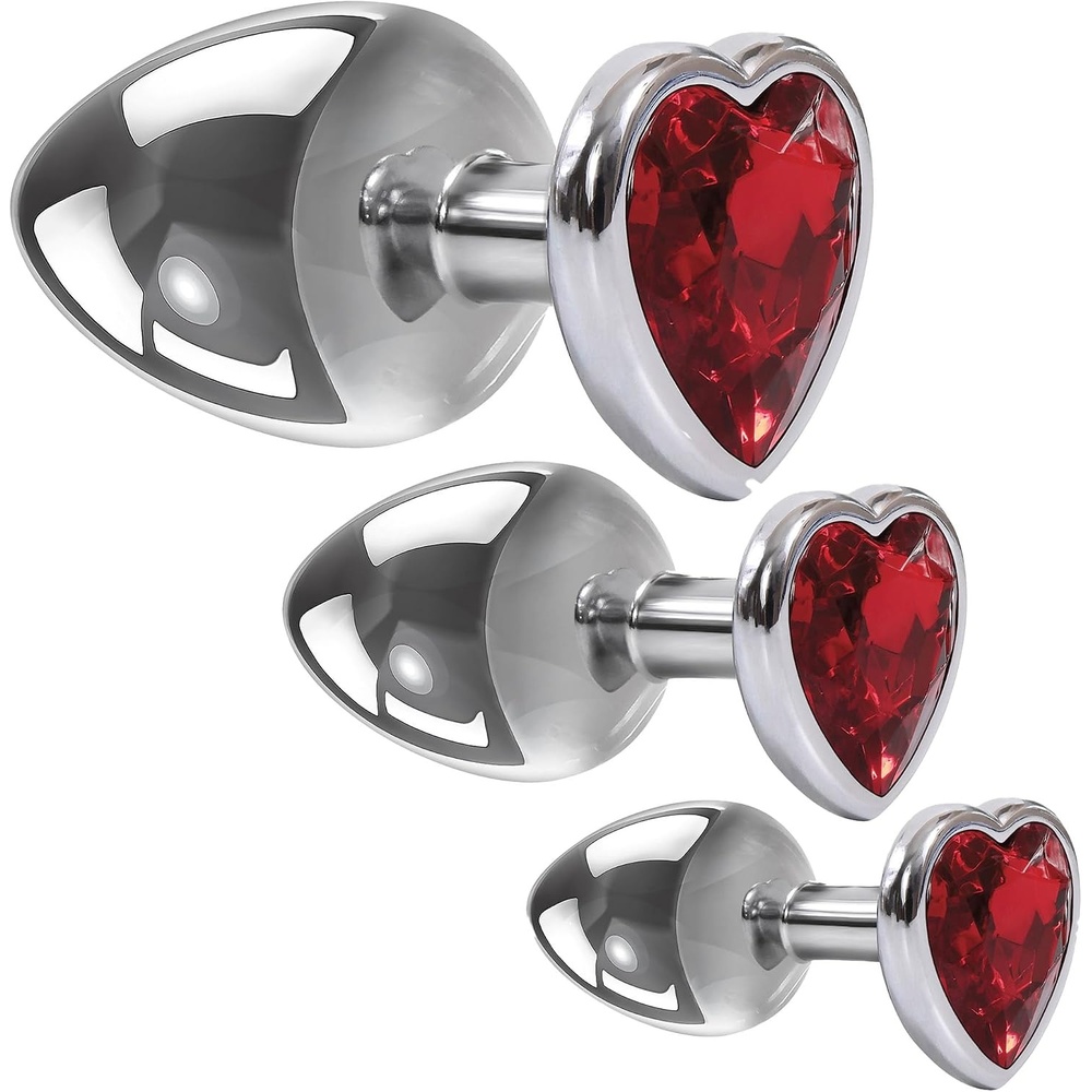 image:imageAdam amp Eve Three Hearts Gem Anal Plug Set 3 Piece Polished Aluminum Butt Plug Kit with Sparkling Jewel Bases Small Medium Large Sizes Tapered Tips for Easy Insertion Includes Velvet Storage Bag