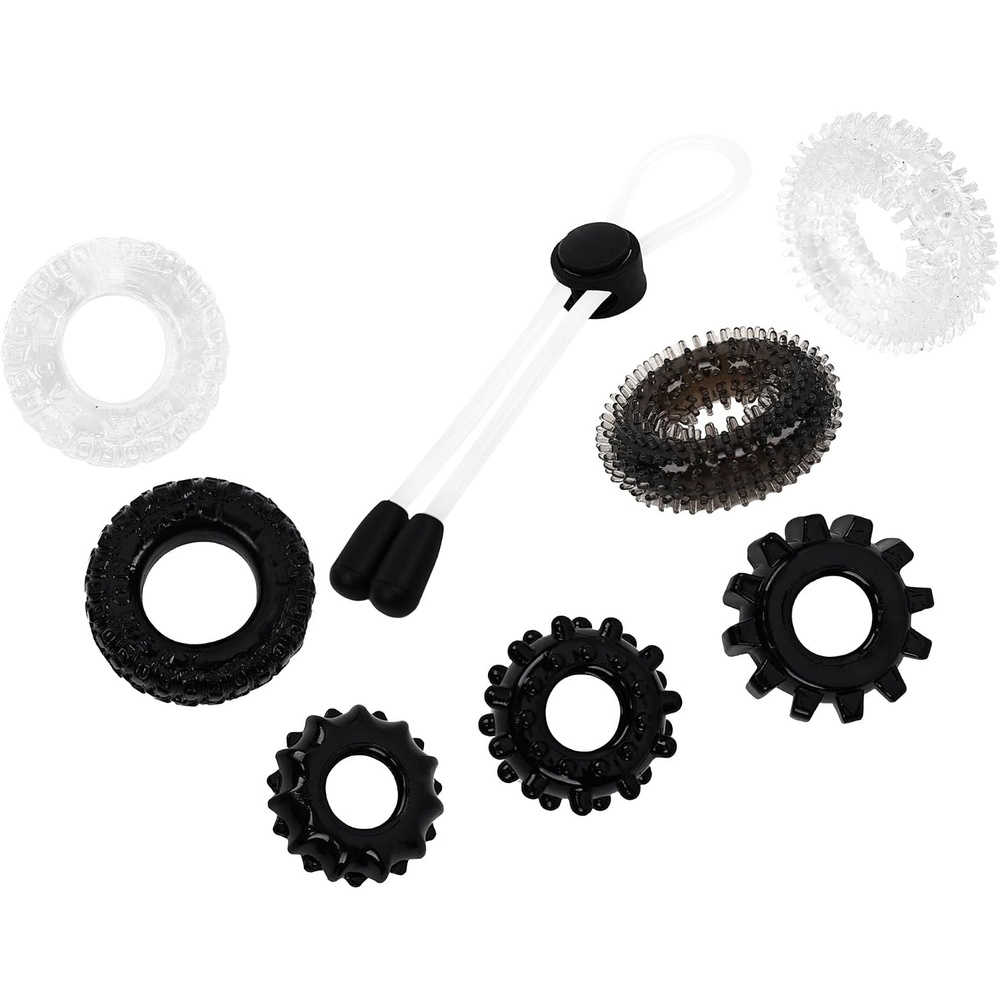 image:imageAdam and Eve Hard At Work 8 Piece Tool Kit Stretchy Penis Enhancers for Men Textured and Extra Thick Rings for Size Stamina and Performance Adjustable Cock Ring Set for Couples Bedroom Play