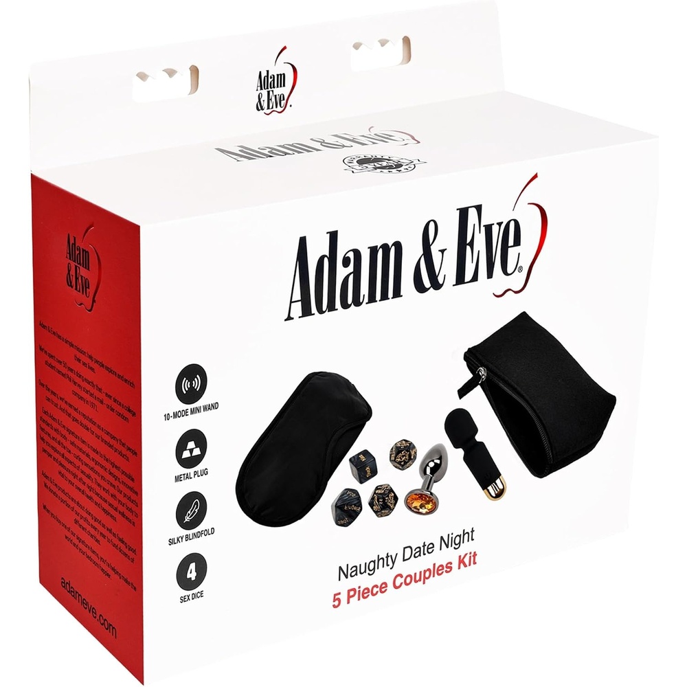 image:imageAdam and Eve Naughty Date Night Kit Couples Sex Toy Set with Rechargeable Mini Wand Metal Plug Foreplay Dice Sex Position Dice Blindfold and Storage Case for Romantic Adult Bedroom Games