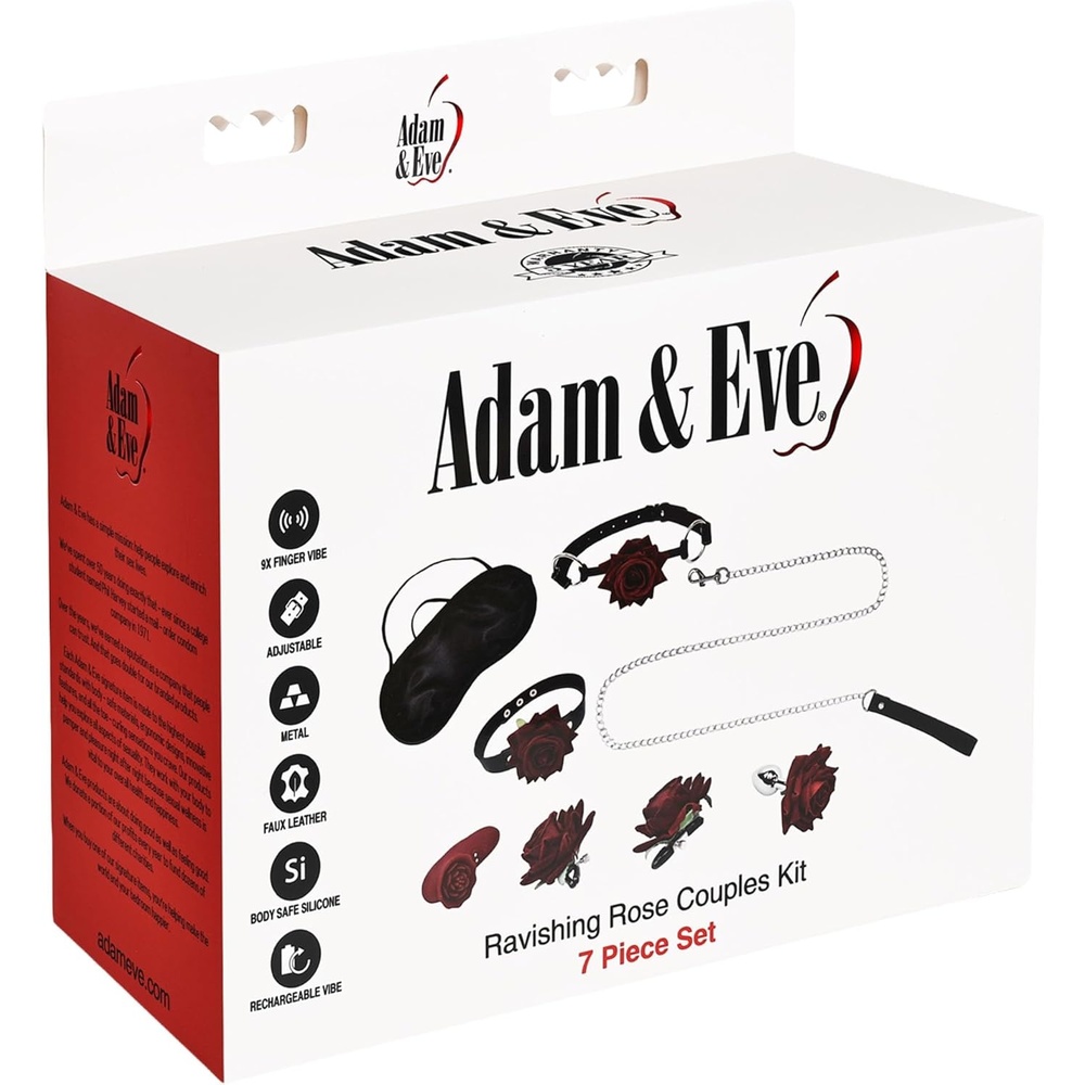 image:imageAdam and Eve Ravishing Rose 7 Piece Couples Kit Romantic Sex Toys Set for Couples Rose Finger Vibrator Anal Plug Ball Gag Collar Leash Nipple Clamps Blindfold for Foreplay and Bondage Play