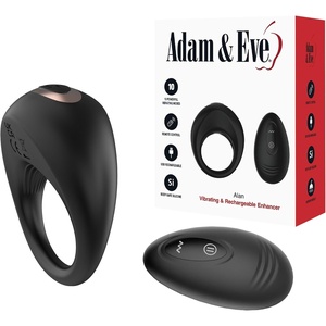 Adam & Eve Alan Vibrating Rechargeable Enhancer, Silicone Penis Ring for Stronger Erections, 10 Intense Vibration Modes, Remote Control, Waterproof, Couples Toy for Men & Women, USB Rechargeable