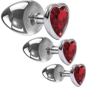 Adam & Eve Three Hearts Gem Anal Plug Set, 3 Piece Polished Aluminum Butt Plug Kit with Sparkling Jewel Bases, Small Medium Large Sizes, Tapered Tips for Easy Insertion, Includes Velvet Storage Bag
